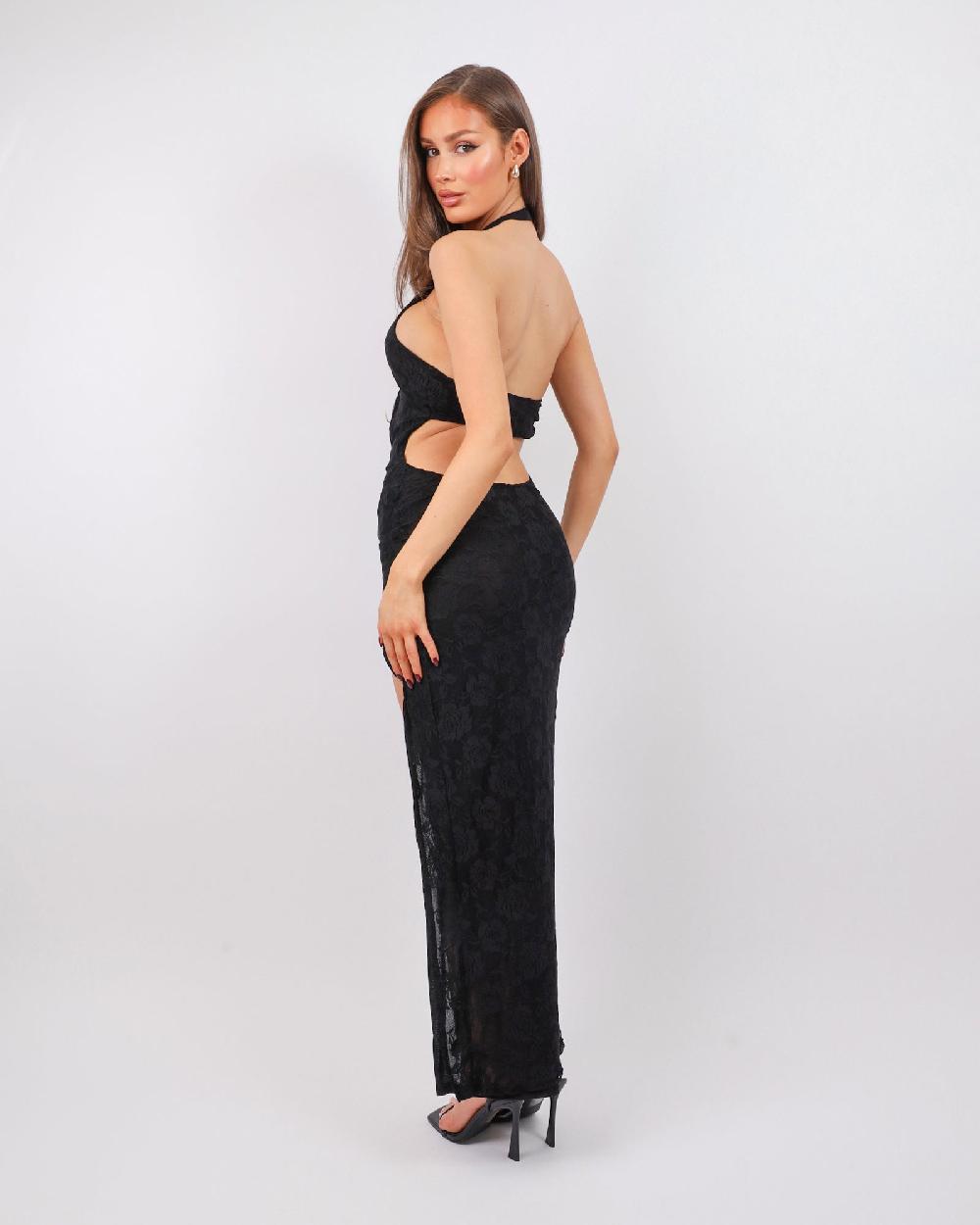 Simmi Black Lace Thigh Split Maxi Dress