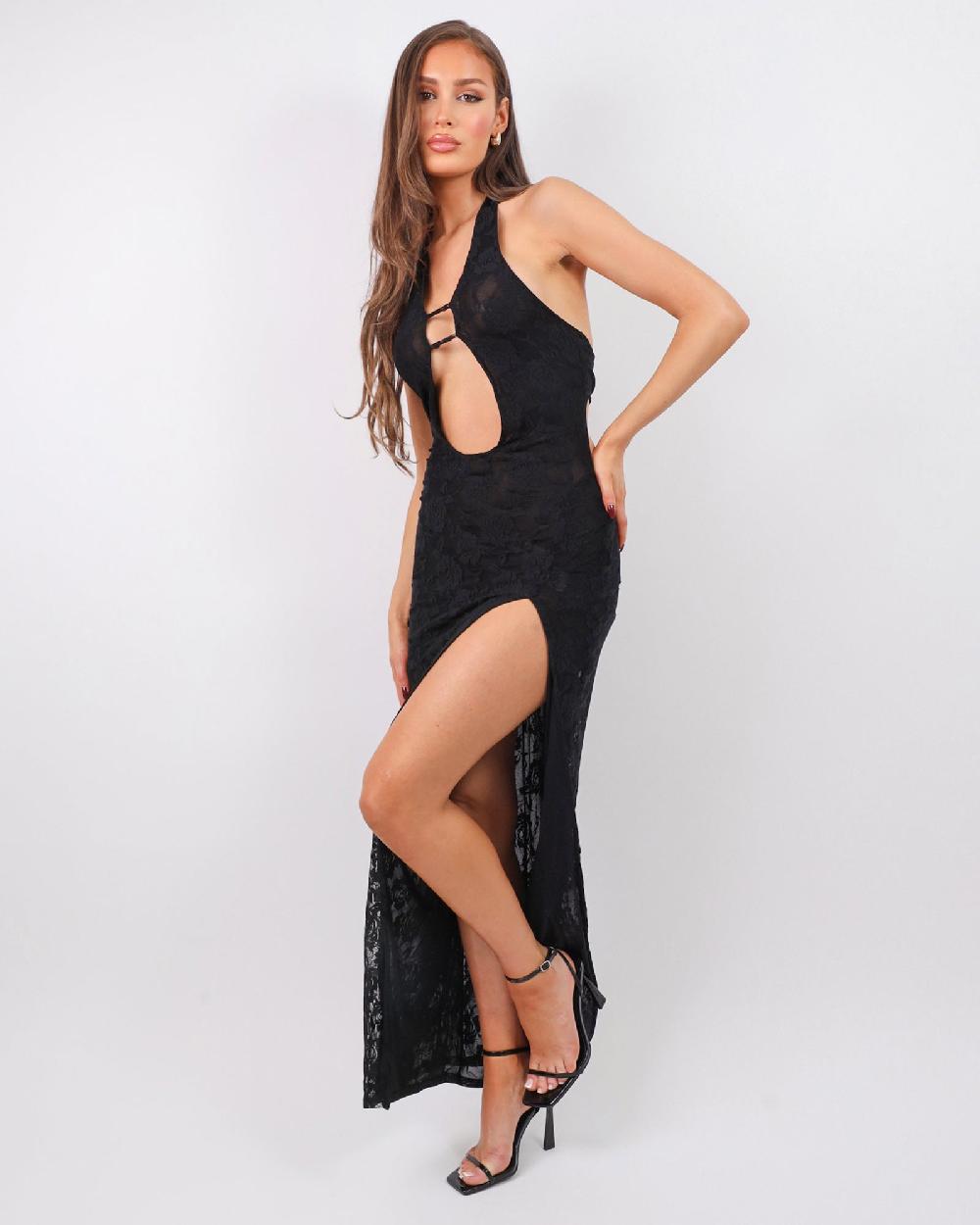 Simmi Black Lace Thigh Split Maxi Dress