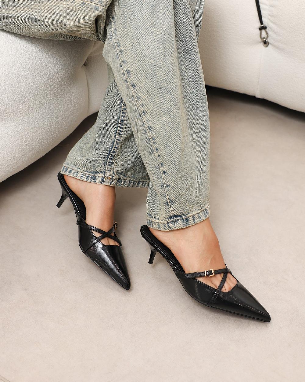 simmi black low heel buckle mules