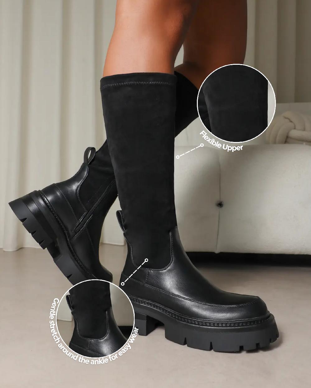 Simmi Black Microfibre Stretch Chunky Boots