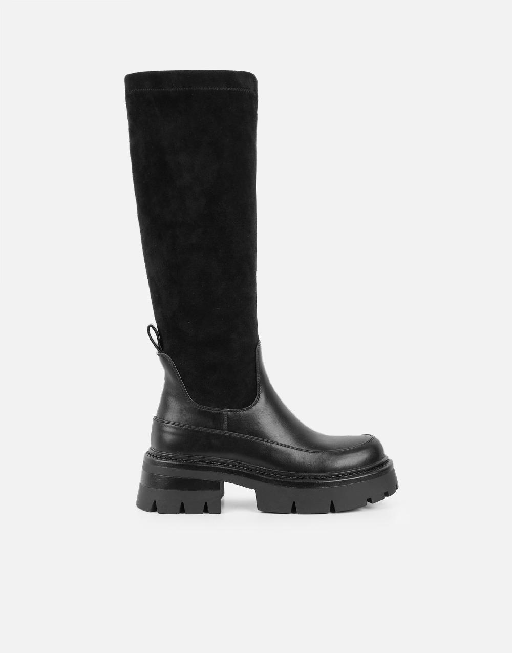 Simmi Black Microfibre Stretch Chunky Boots