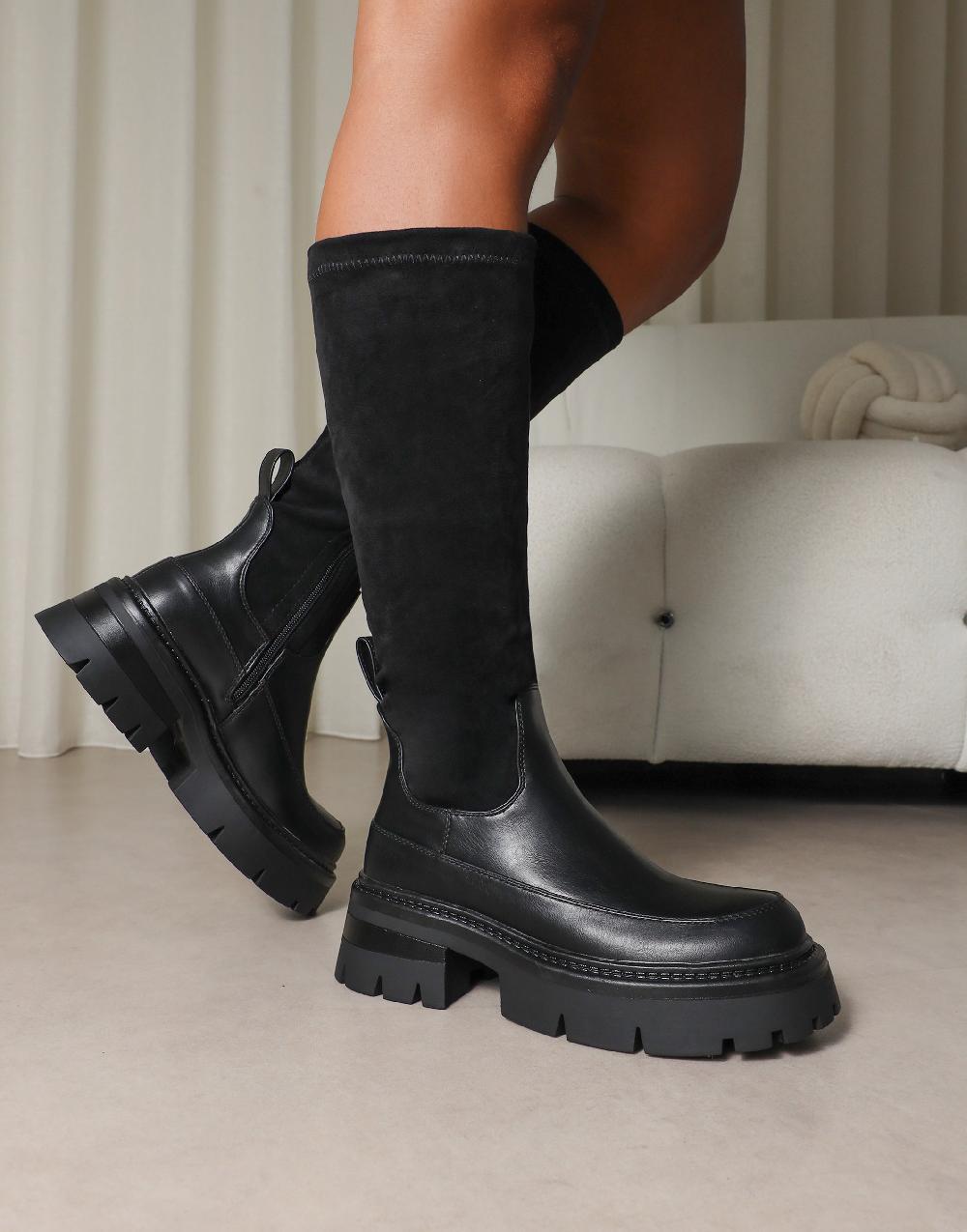simmi Black Microfibre Stretch Chunky Boots