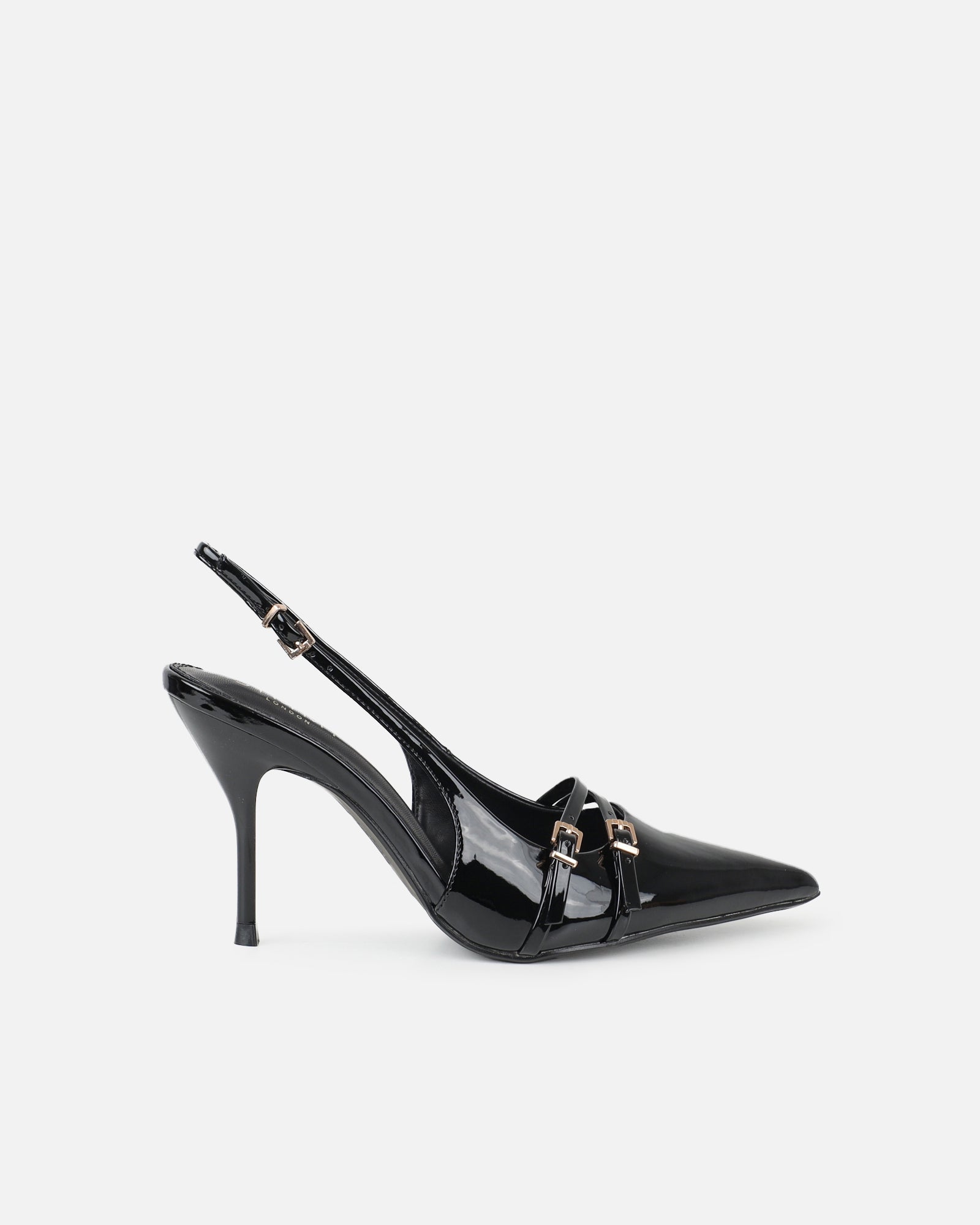Simmi Black Patent Buckle Detail Slingback Courts
