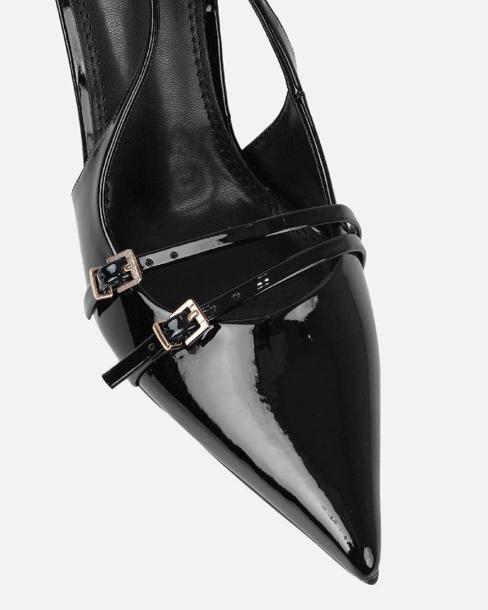Simmi Black Patent Buckle Detail Slingback Courts