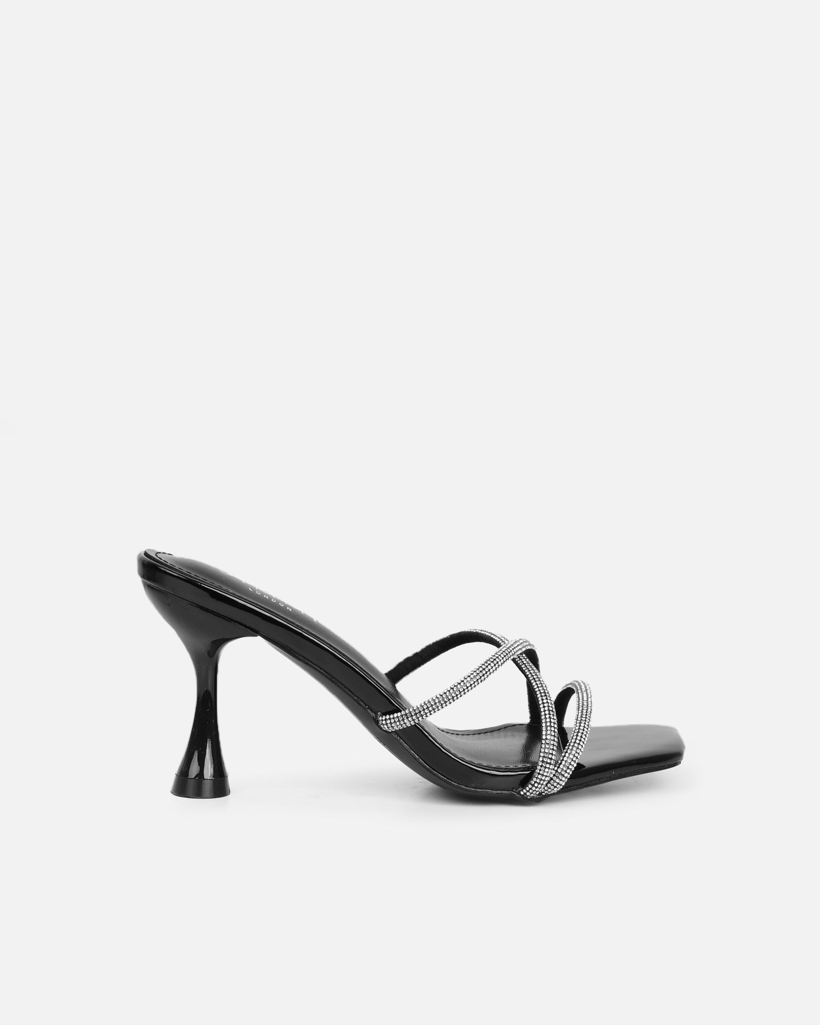 Simmi Black Patent Diamante Mid Heeled Sandals