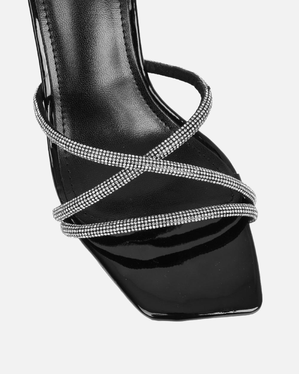 Simmi Black Patent Diamante Mid Heeled Sandals