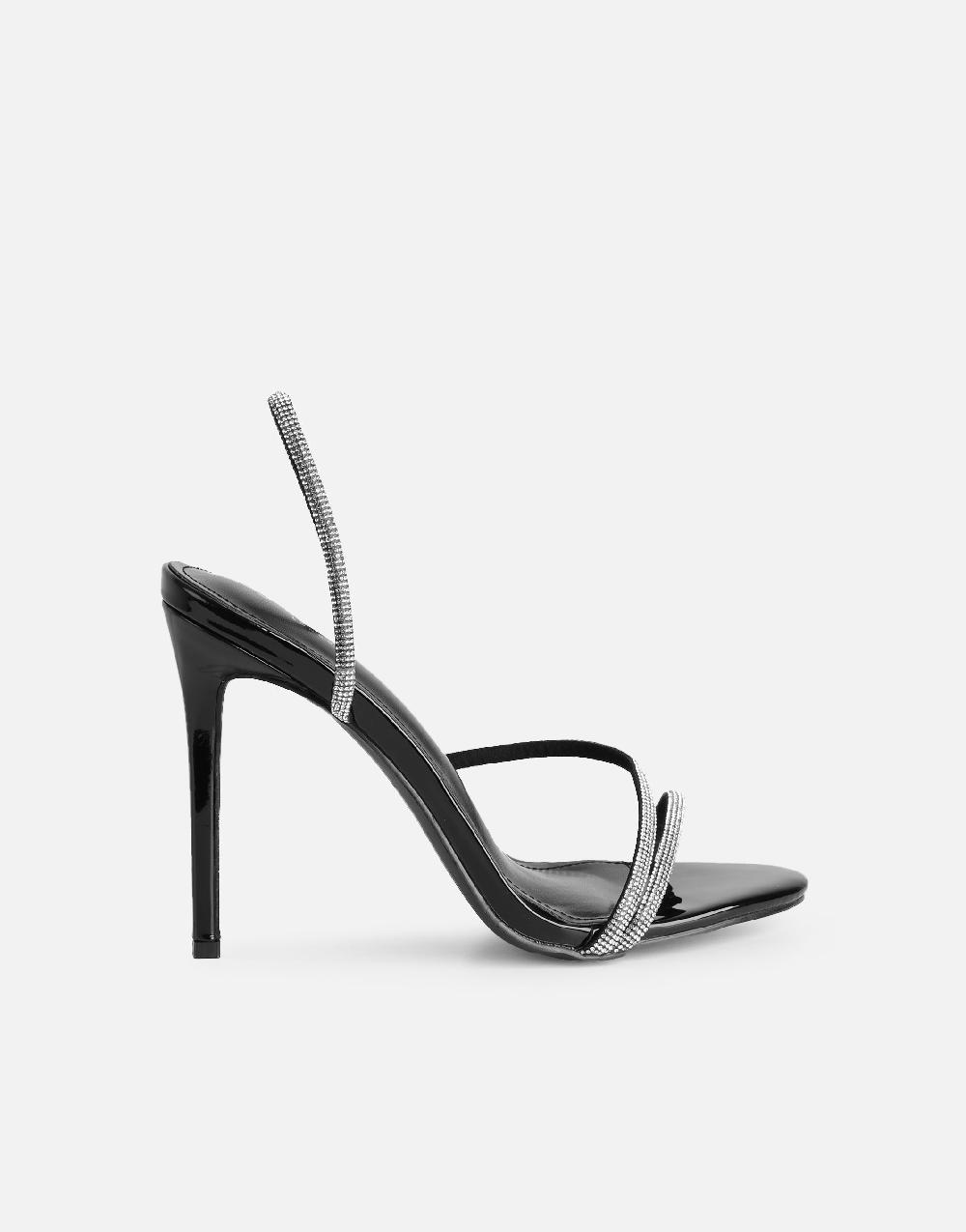 Simmi Black Patent Diamante Slingback Heels