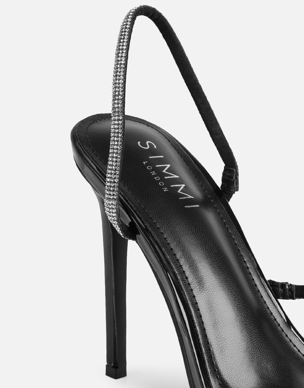 Simmi Black Patent Diamante Slingback Heels
