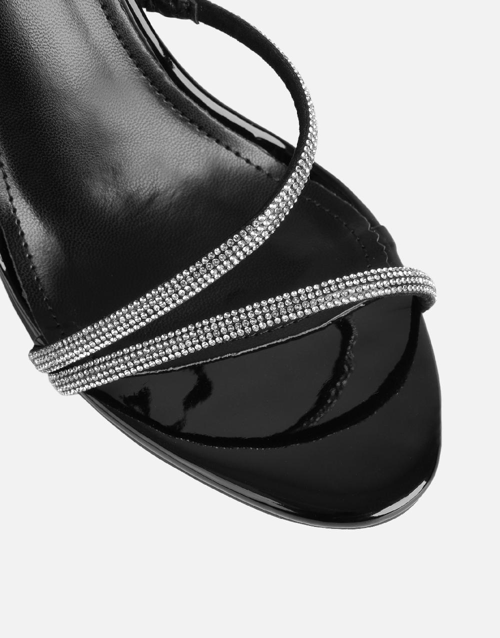 Simmi Black Patent Diamante Slingback Heels