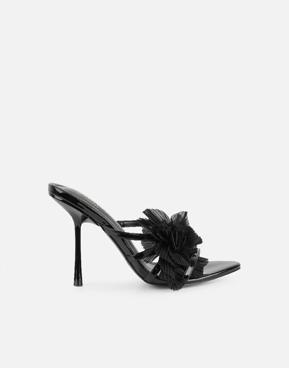Simmi Black Patent Flower Detail Heeled Sandals