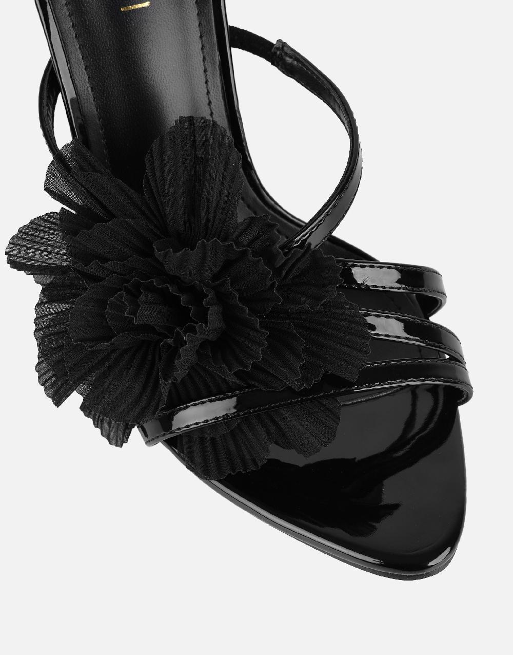 Simmi Black Patent Flower Detail Heeled Sandals