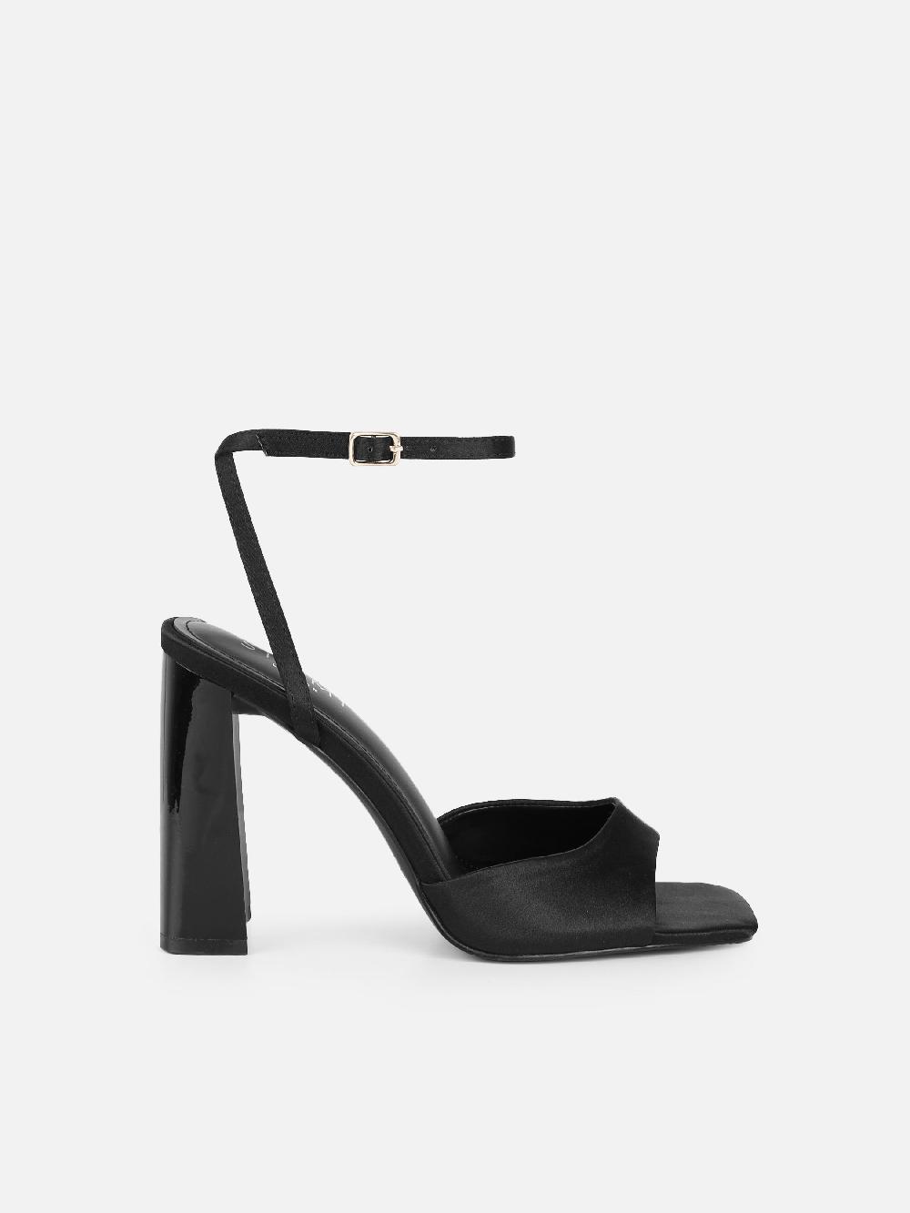 Simmi Black Satin Block Heeled Sandals