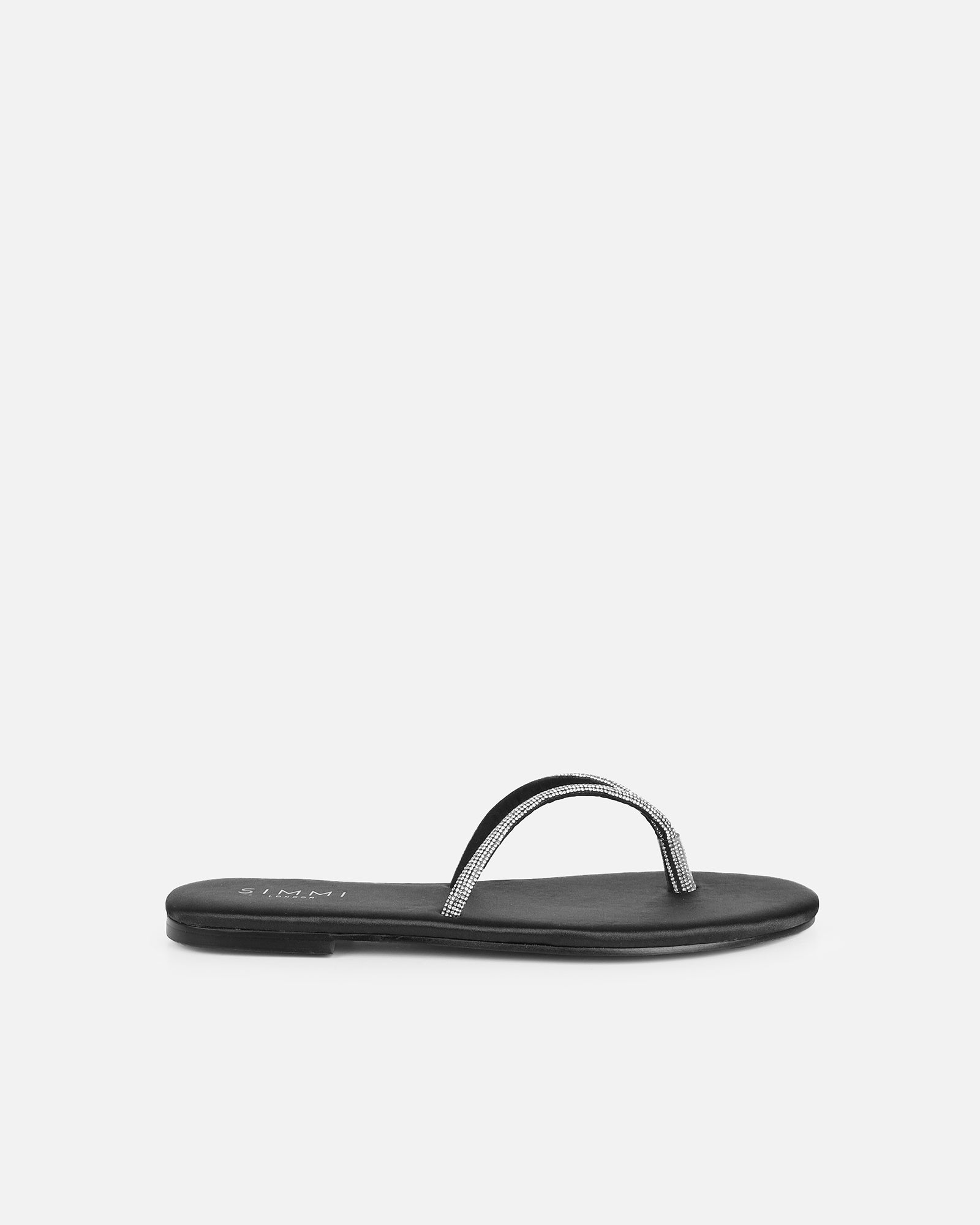 Simmi Black Satin Diamante Toe Thong Sandals