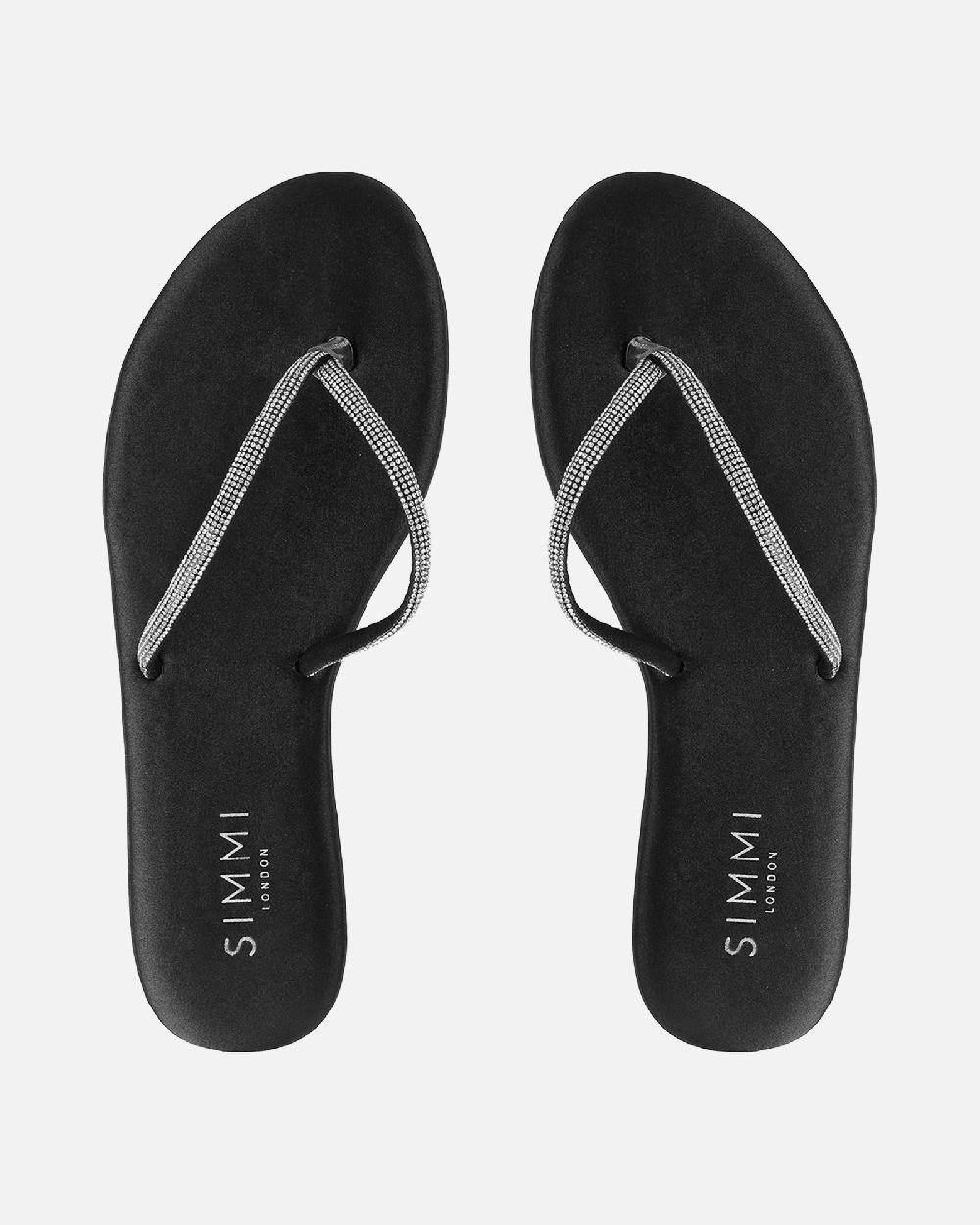 Simmi Black Satin Diamante Toe Thong Sandals