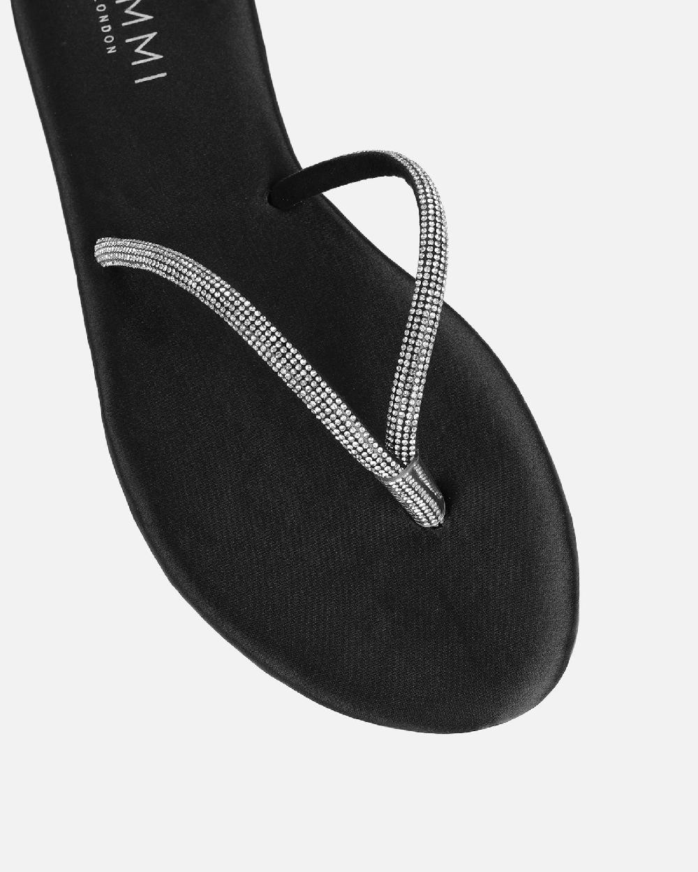 Simmi Black Satin Diamante Toe Thong Sandals