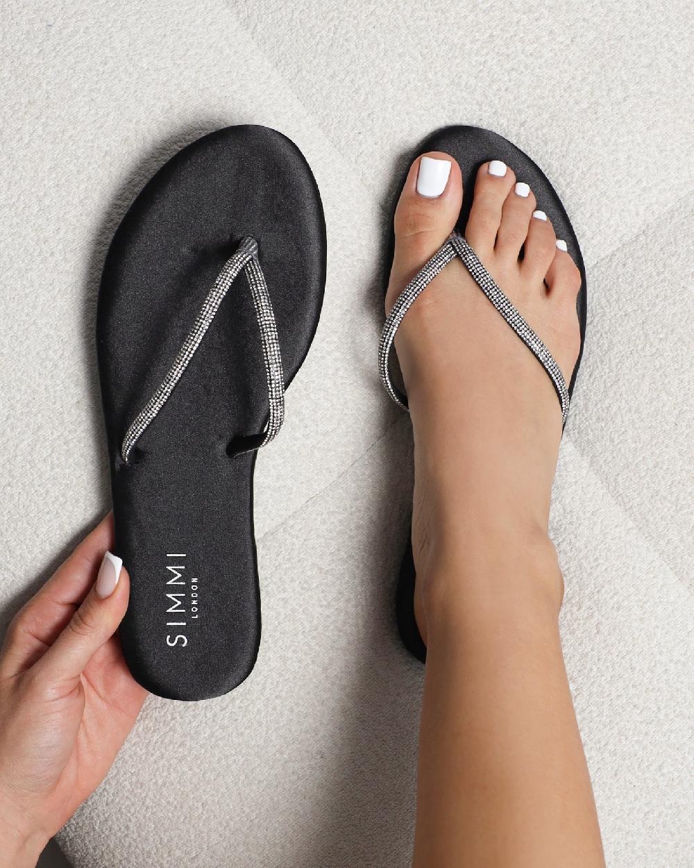 simmi Black Satin Diamante Toe Thong Sandals