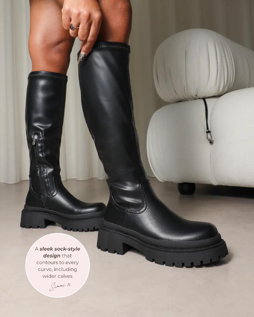 Simmi Black Stretch Knee High Chunky Boots