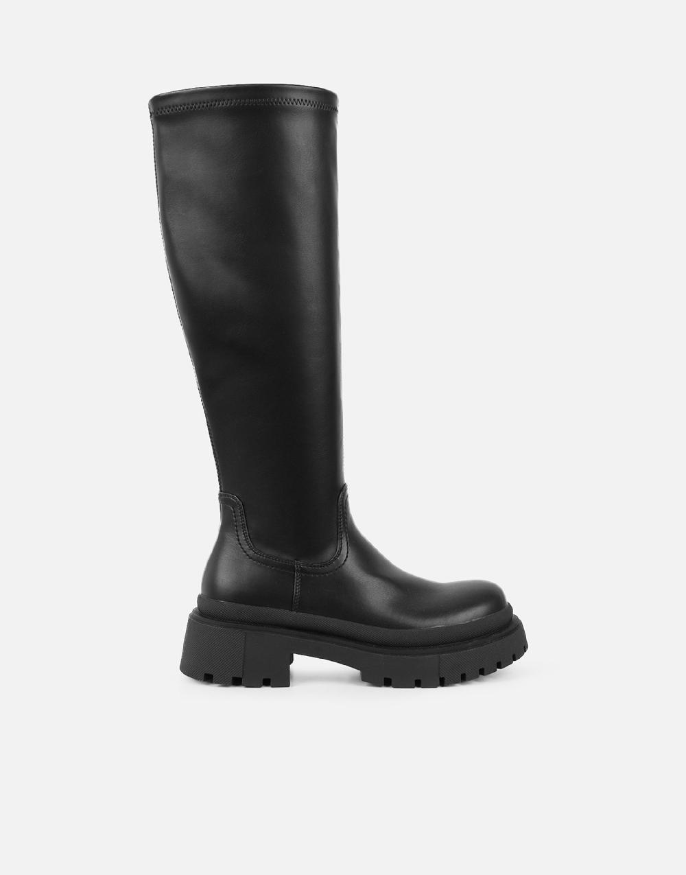 Simmi Black Stretch Knee High Chunky Boots