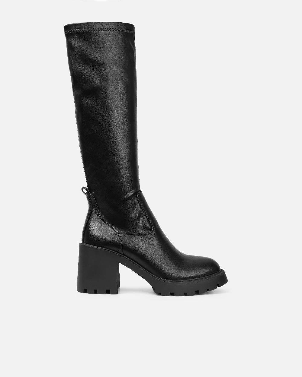 Simmi Black Stretch Knee High Chunky Boots