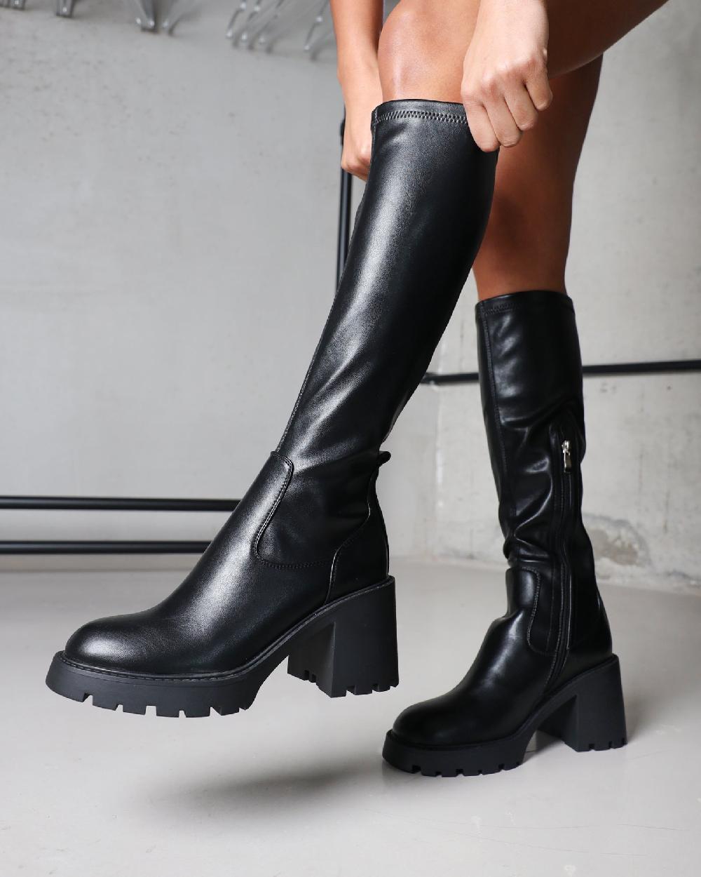 simmi Black Stretch Knee High Chunky Boots