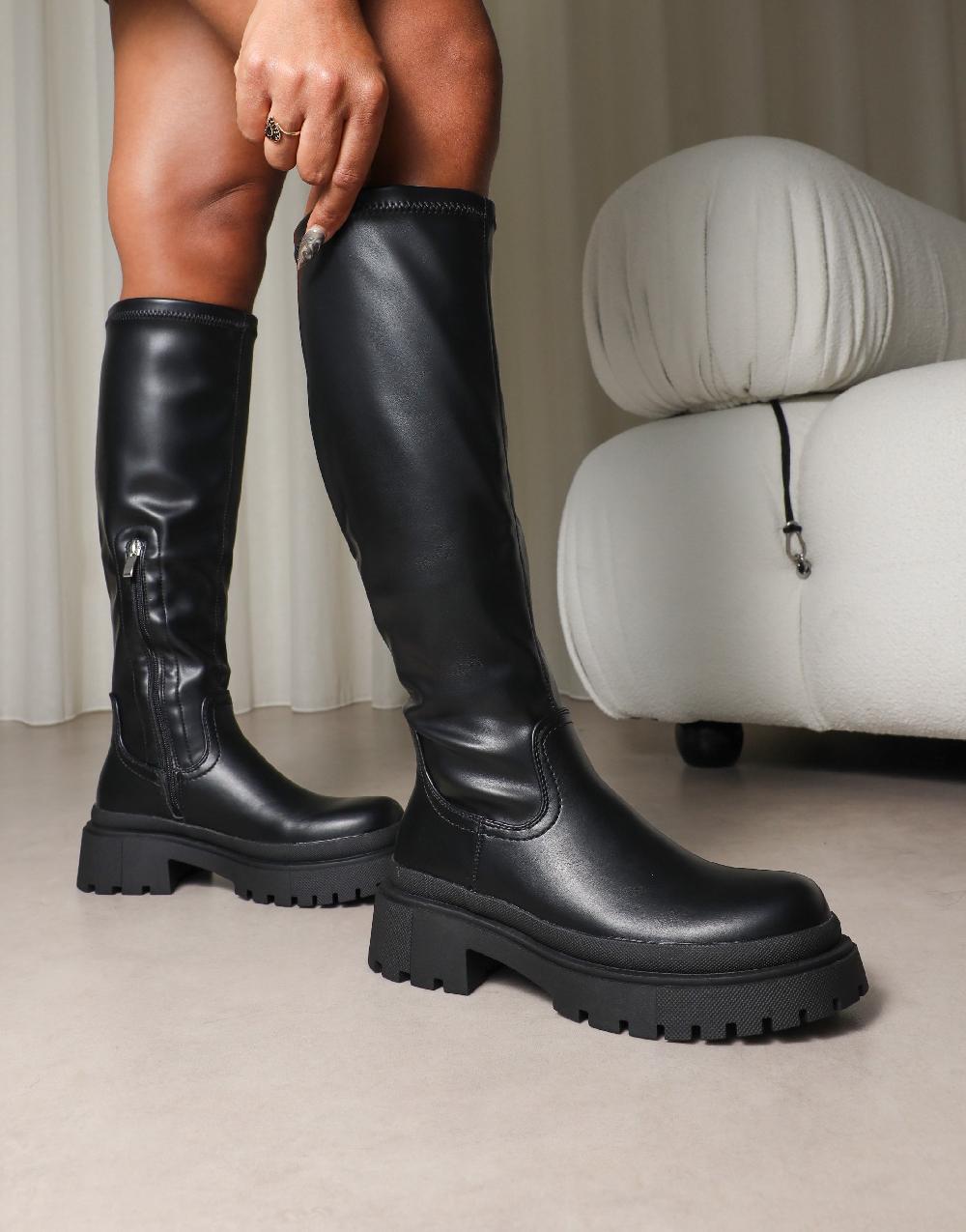 simmi Black Stretch Knee High Chunky Boots