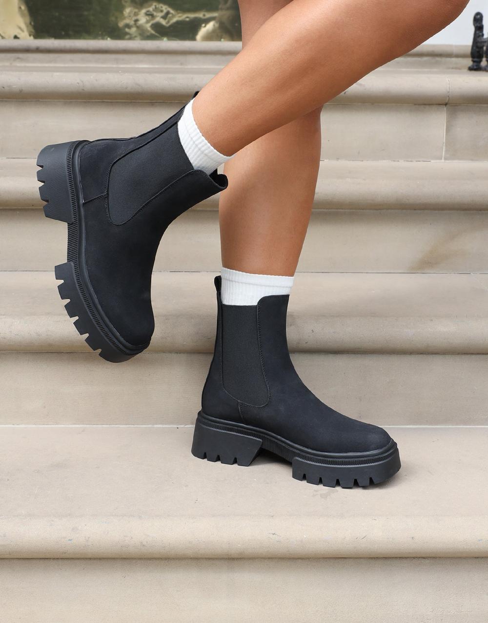 simmi Black Suede Chunky Chelsea Boots