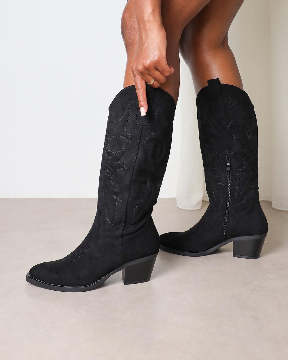 simmi Black Suede Embroidered Western Calf Boot