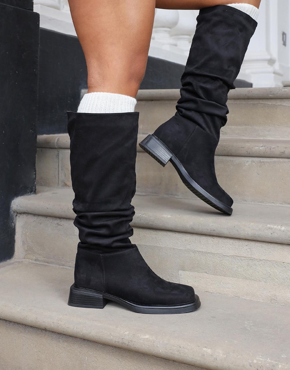 simmi Black Suede Ruched Heeled Boots