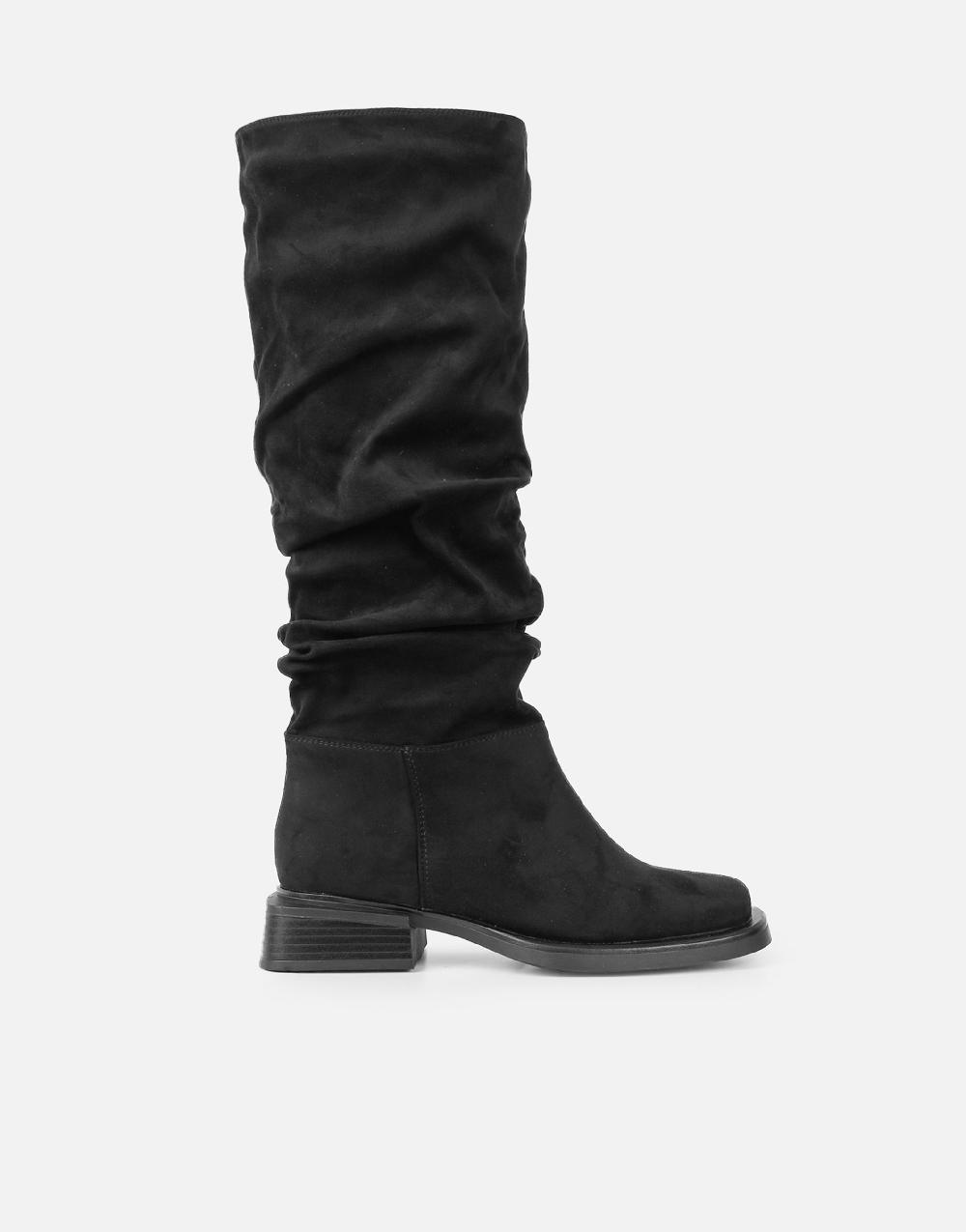 Simmi Black Suede Ruched Heeled Boots