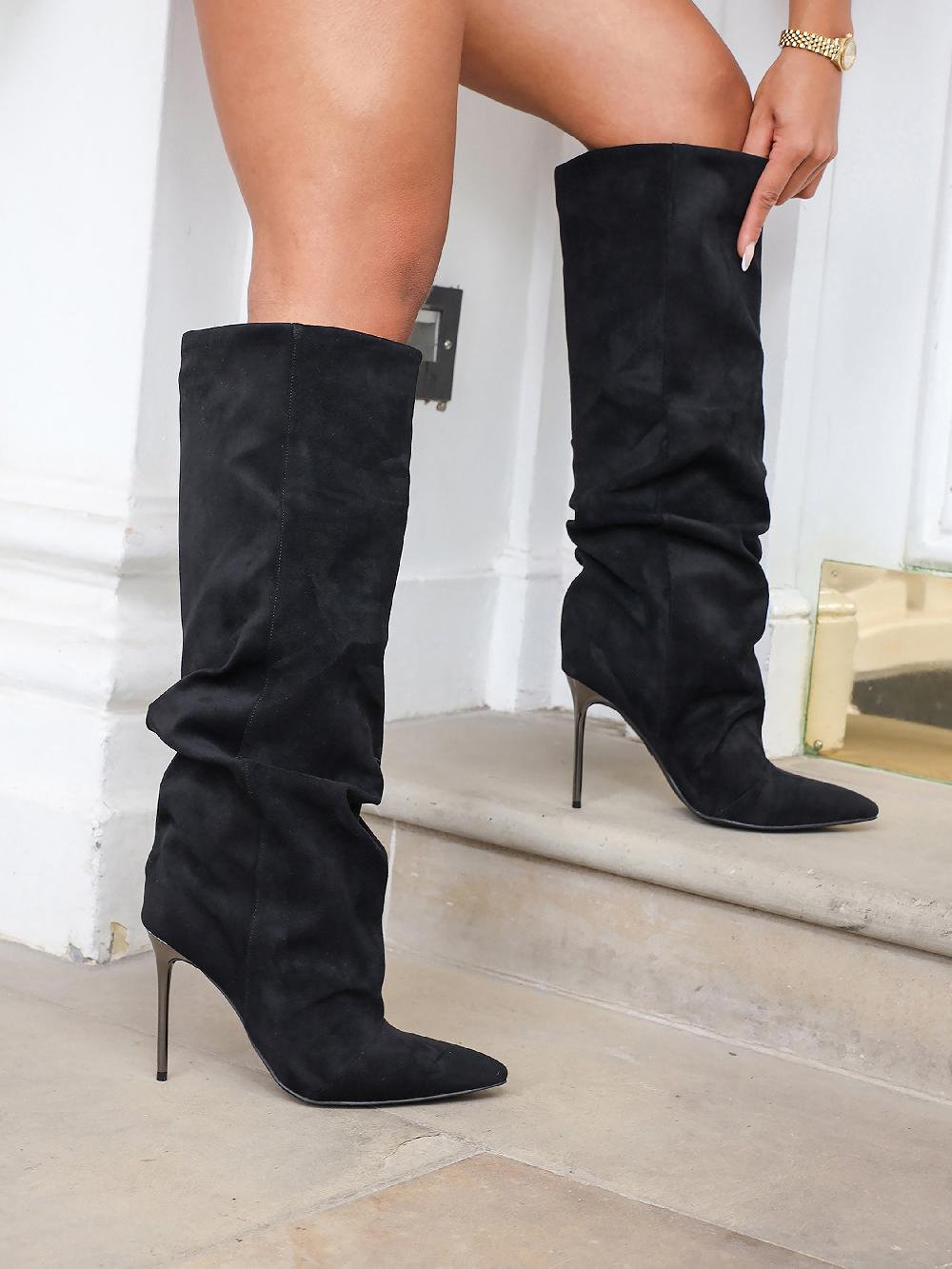 simmi Black Suede Ruched Heeled Boots