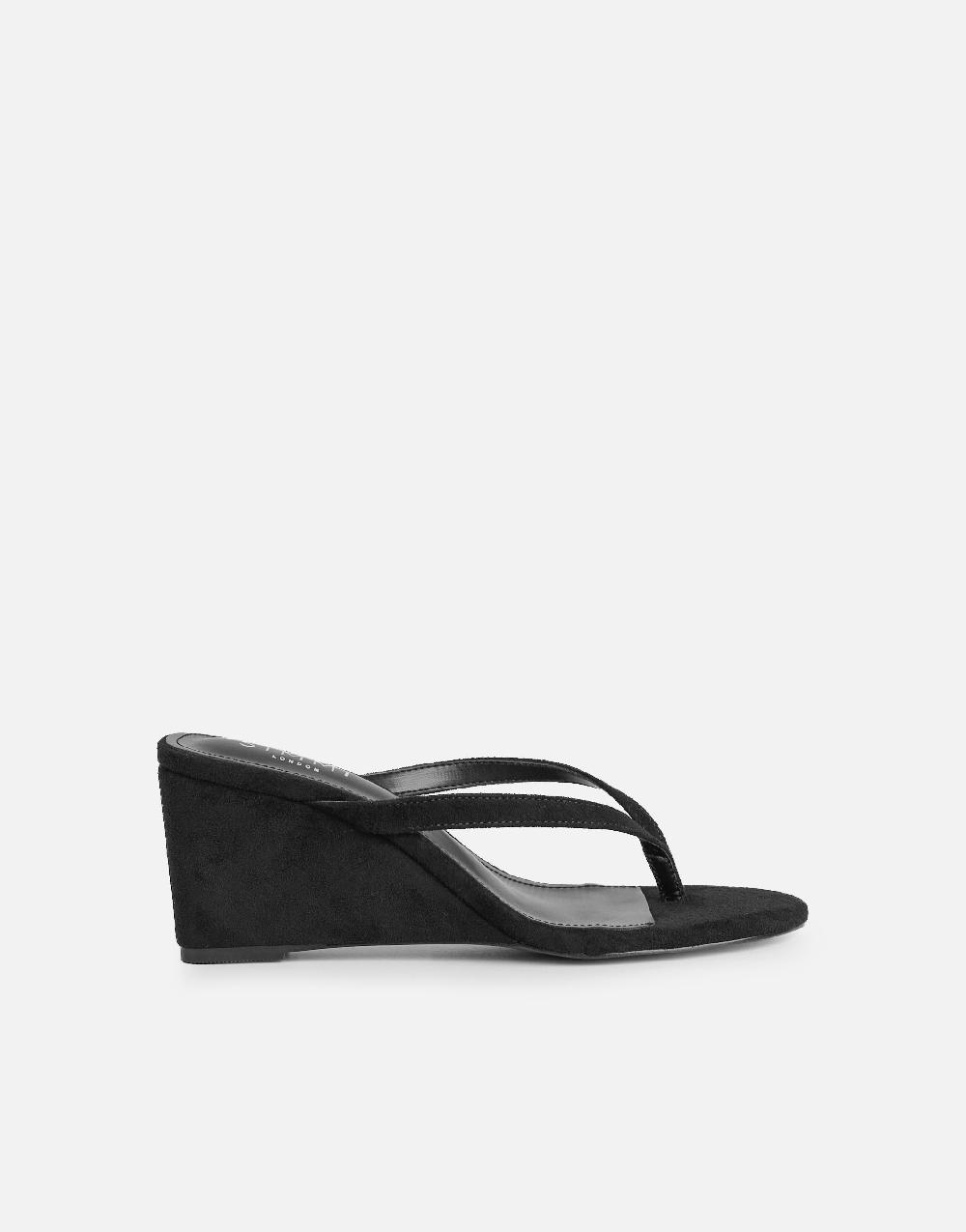 Simmi Black Suede Toe Thong Wedge Sandals