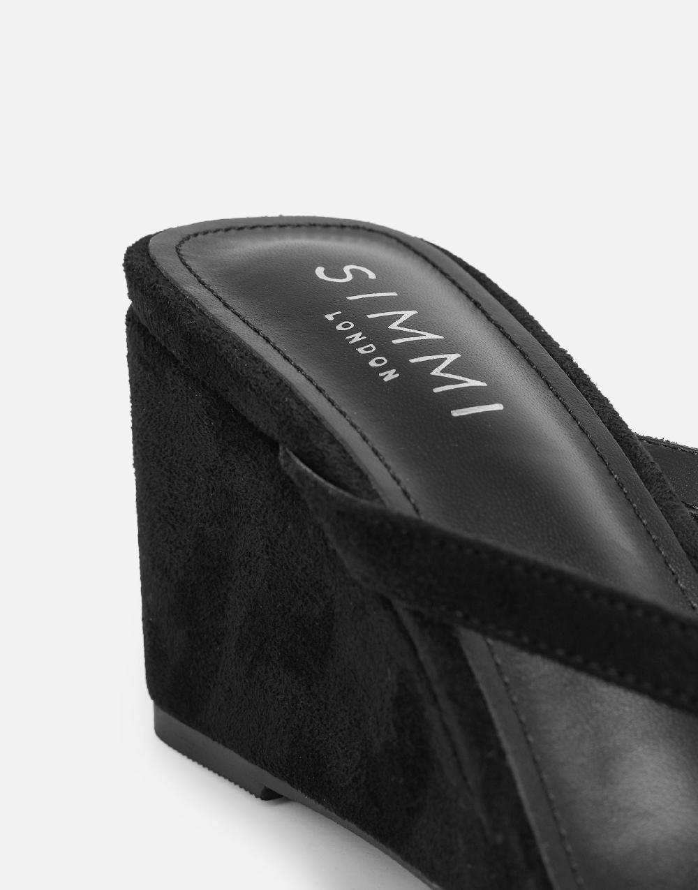 Simmi Black Suede Toe Thong Wedge Sandals