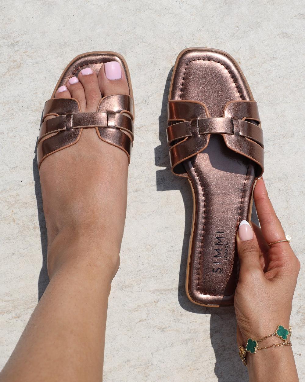 simmi Bronze Metallic Slip On Flat Sandals