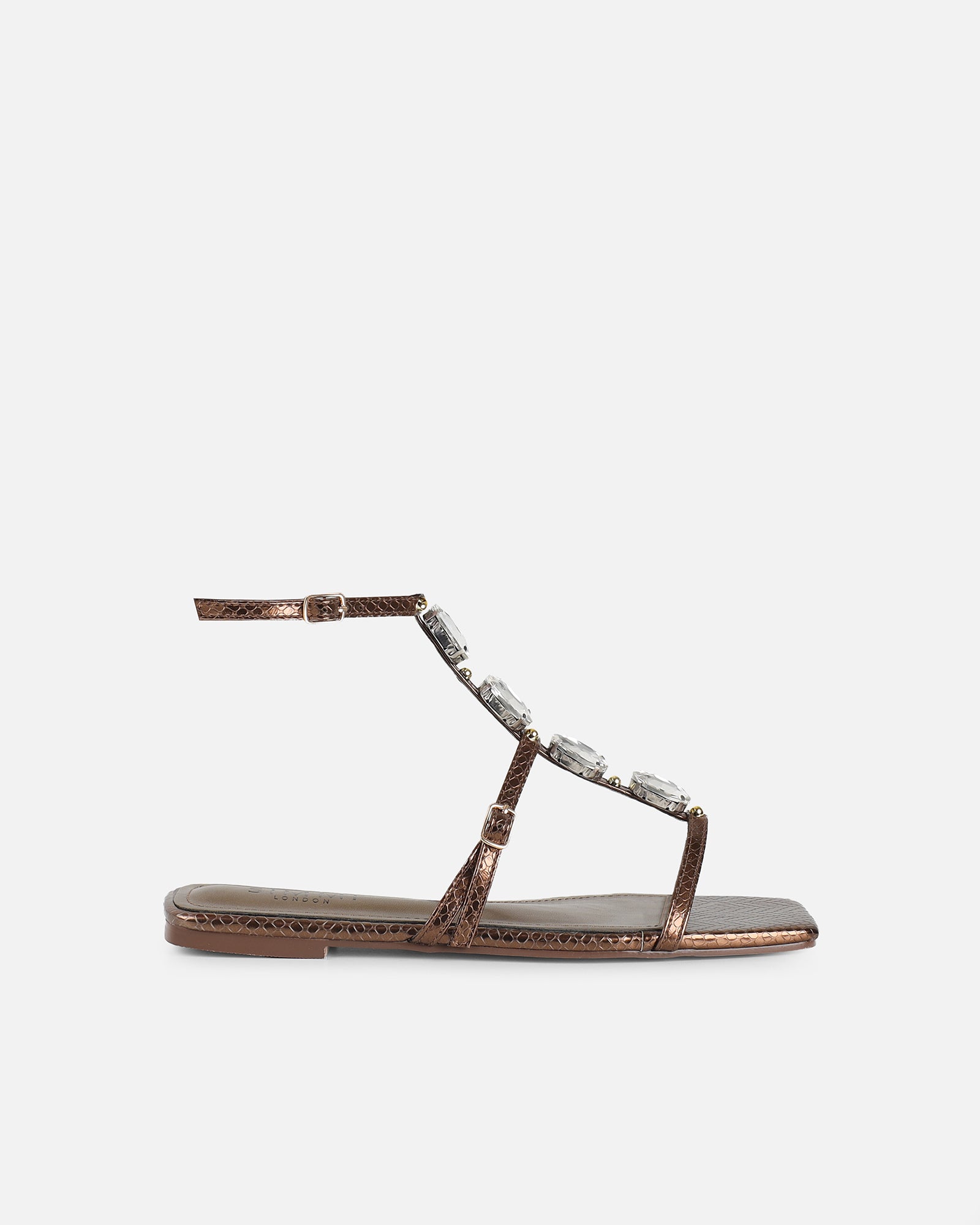 Simmi Bronze Snake Embellished Flat Sandals