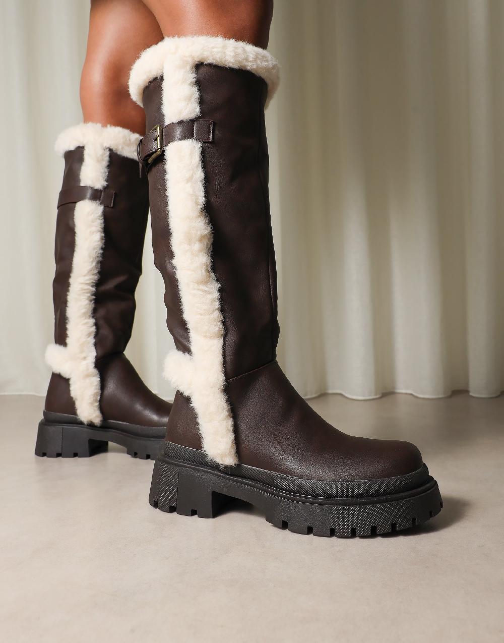 simmi Brown Faux Fur Detail Chunky Boots