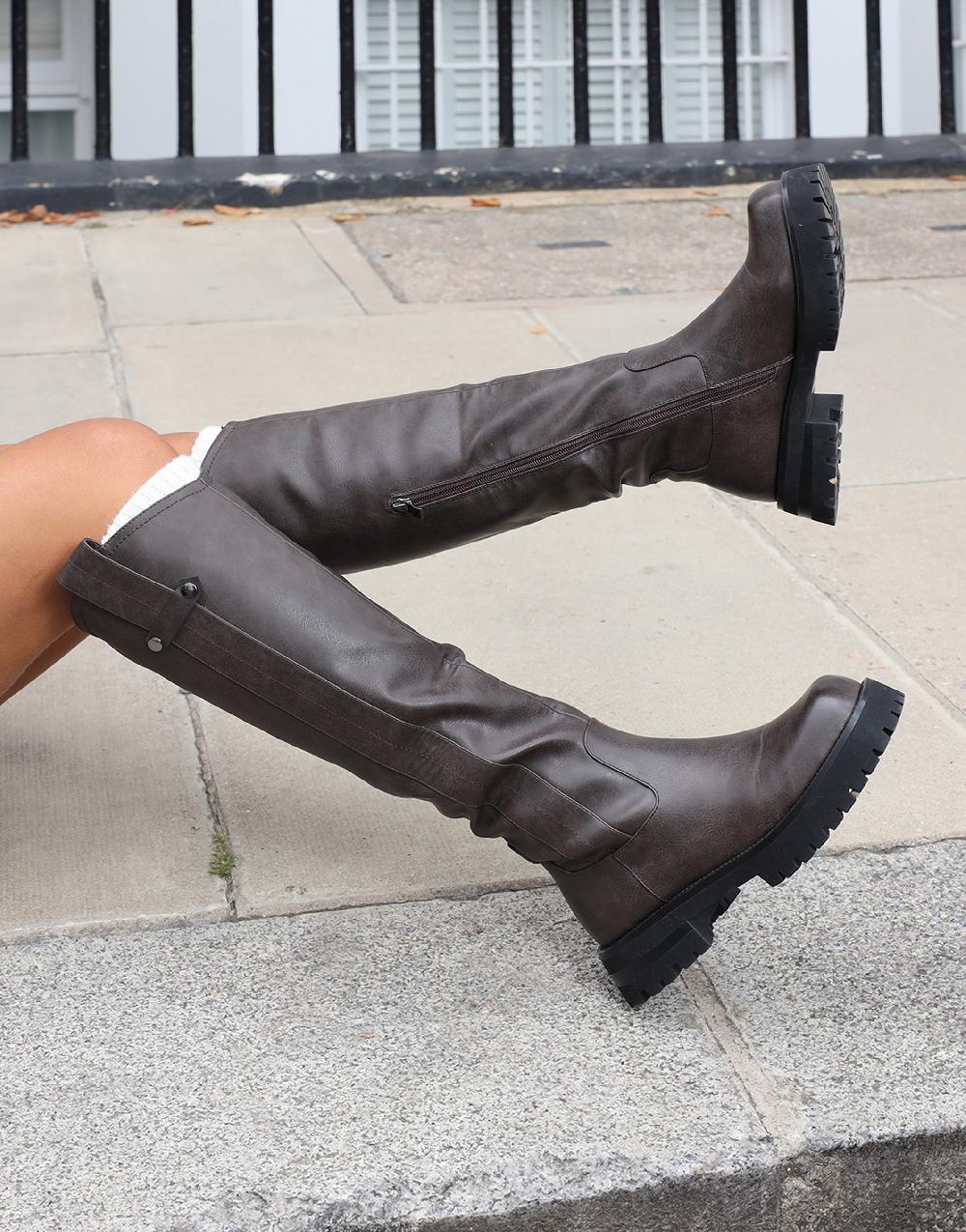 simmi Brown Knee High Tab Detail Boots