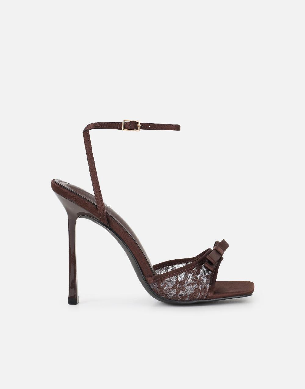 Simmi Brown Lace Bow Detail Heeled Sandals