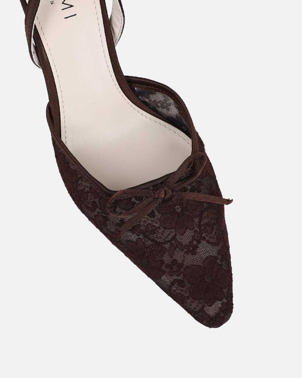 Simmi Brown Lace Bow Heeled Sandals