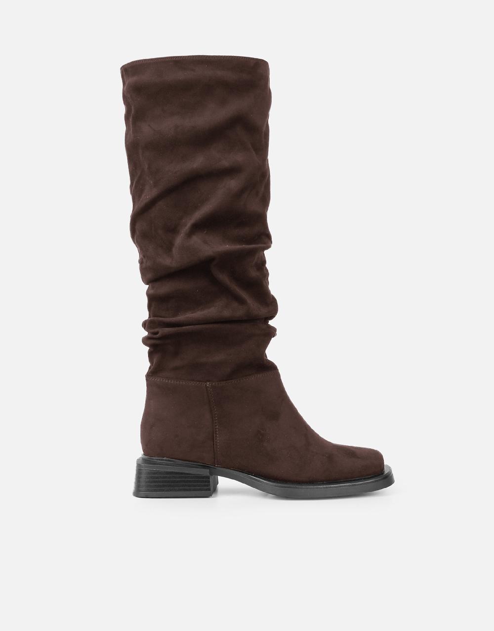 Simmi Brown Suede Ruched Heeled Boots