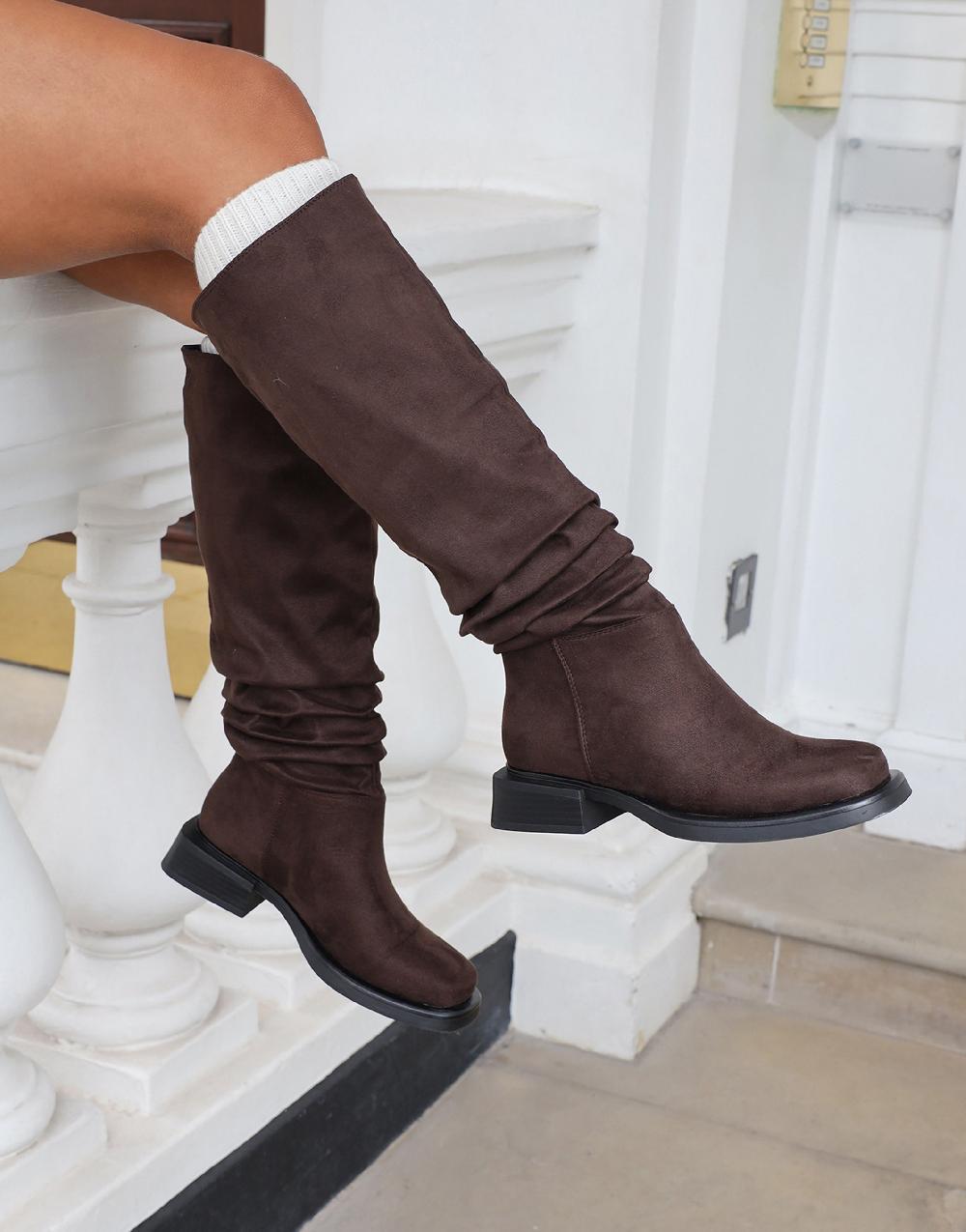 simmi Brown Suede Ruched Heeled Boots