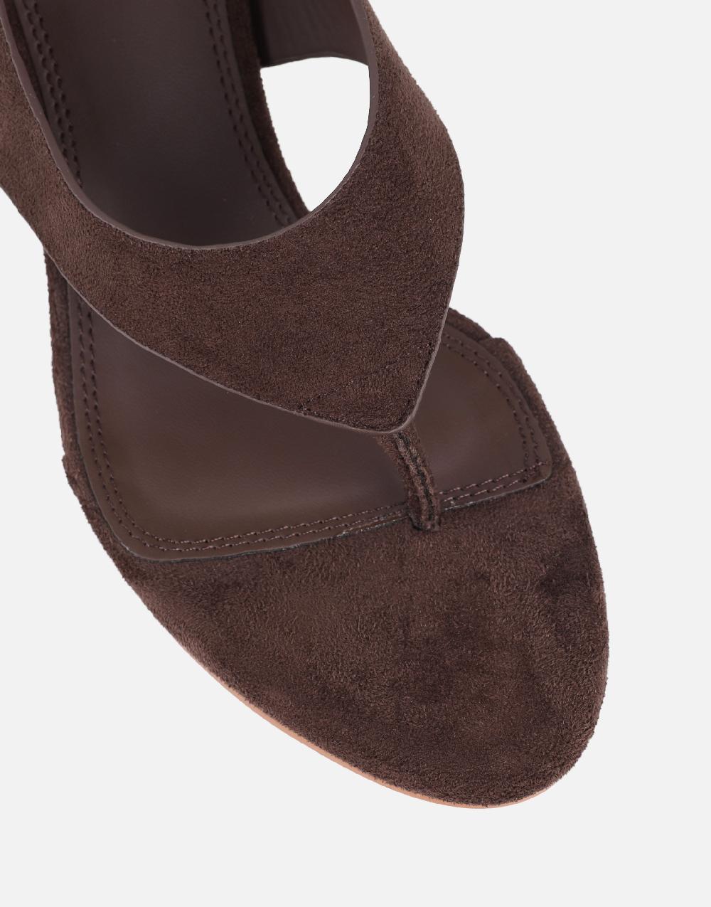 Simmi Brown Suede Toe Thong Heeled Sandals
