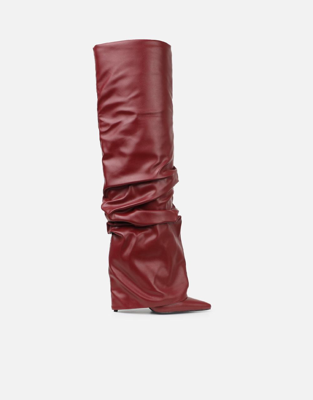 Simmi Burgundy Ruched Fold Over Knee High Boots