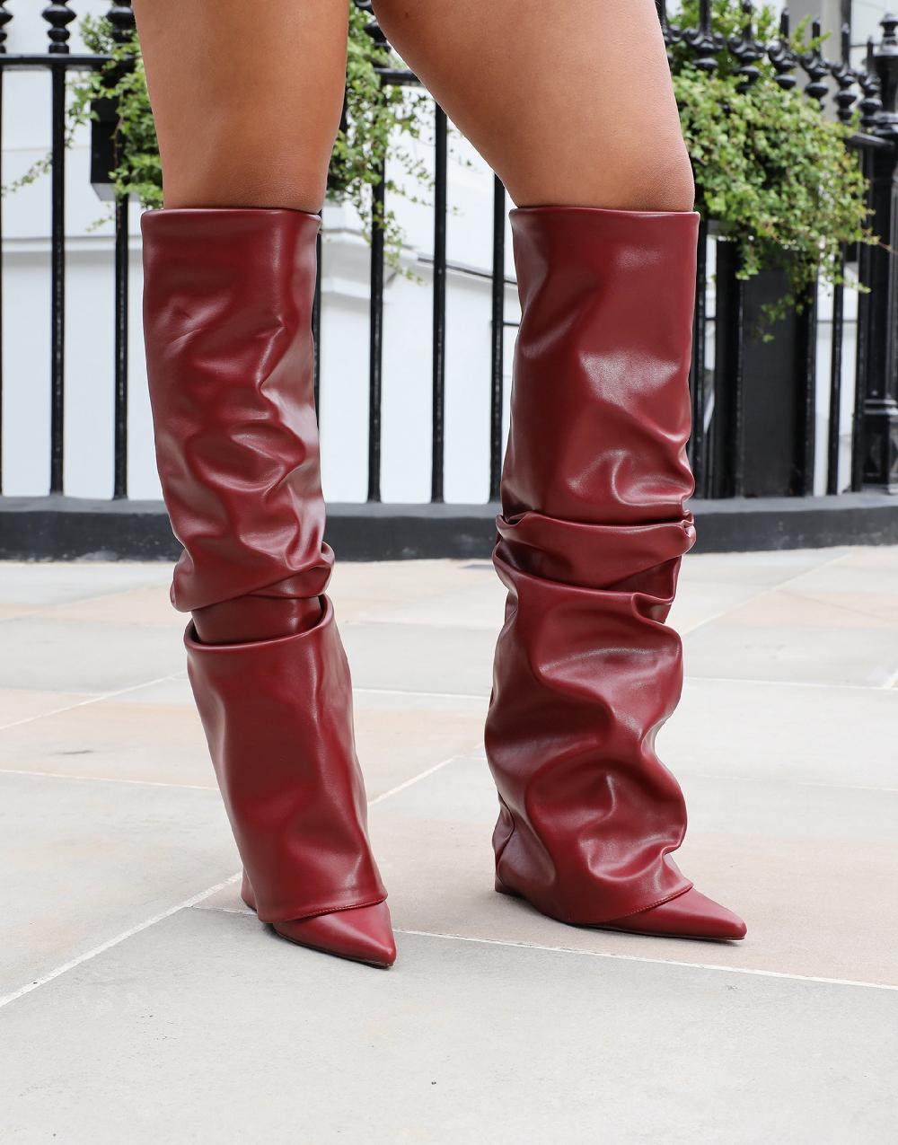simmi Burgundy Ruched Fold Over Knee High Boots