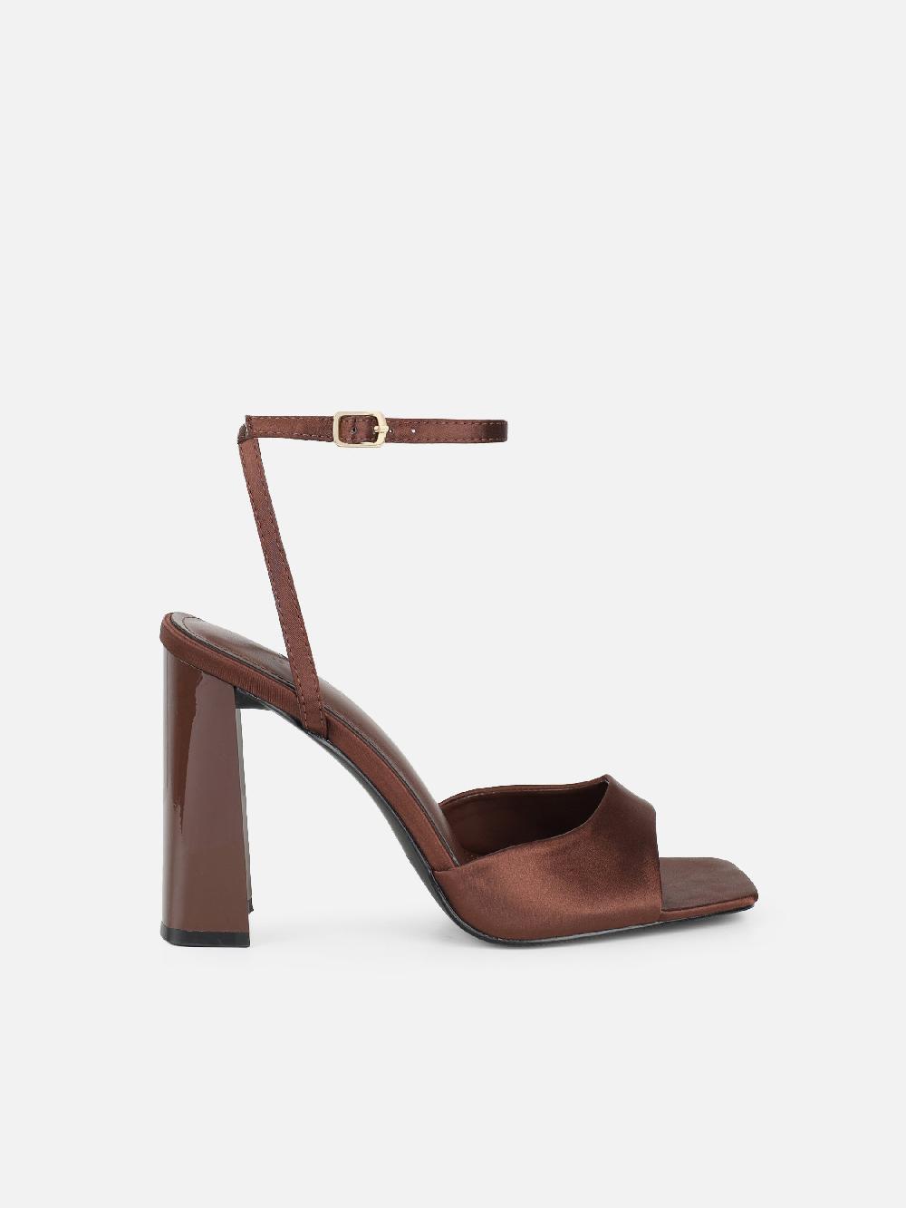 Simmi Chocolate Satin Block Heeled Sandals