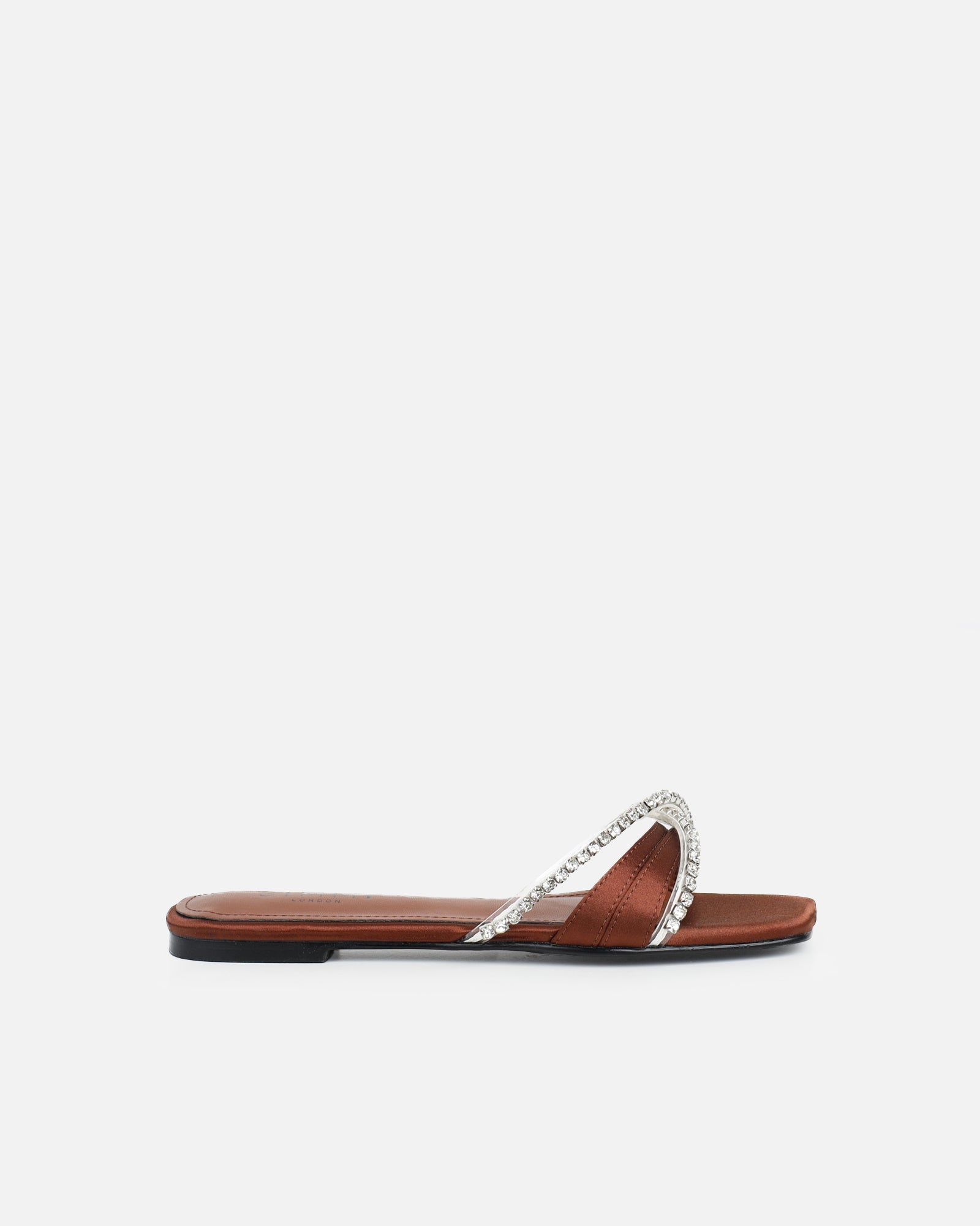 Simmi Chocolate Satin Diamante Flat Sandals