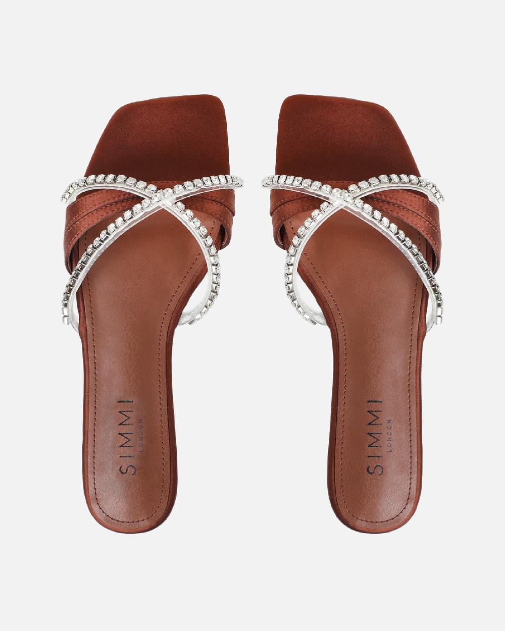 Simmi Chocolate Satin Diamante Flat Sandals