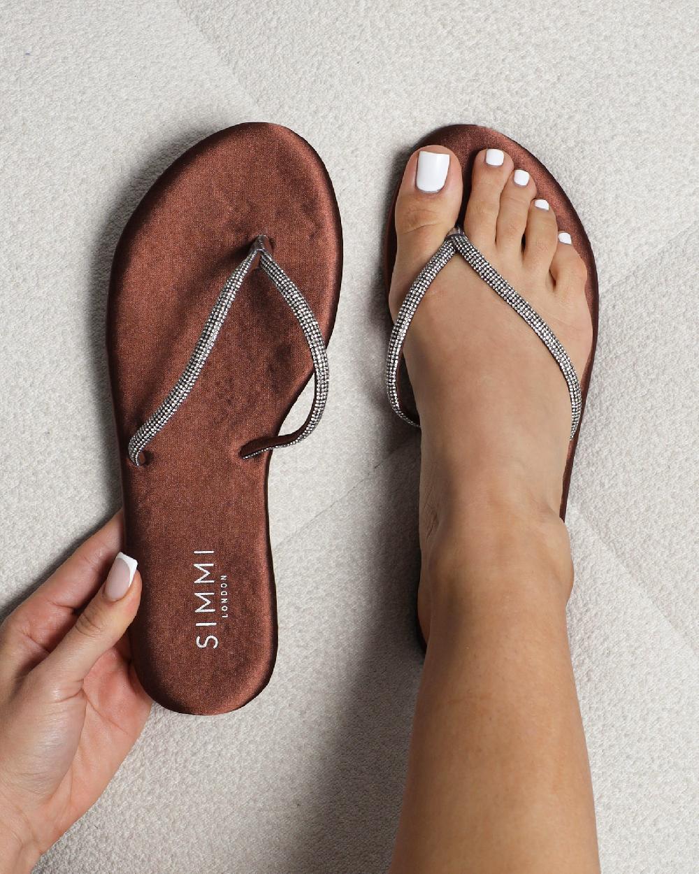 simmi Chocolate Satin Diamante Toe Thong Sandals