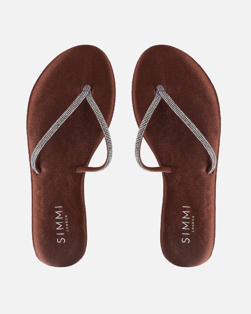 Simmi Chocolate Satin Diamante Toe Thong Sandals