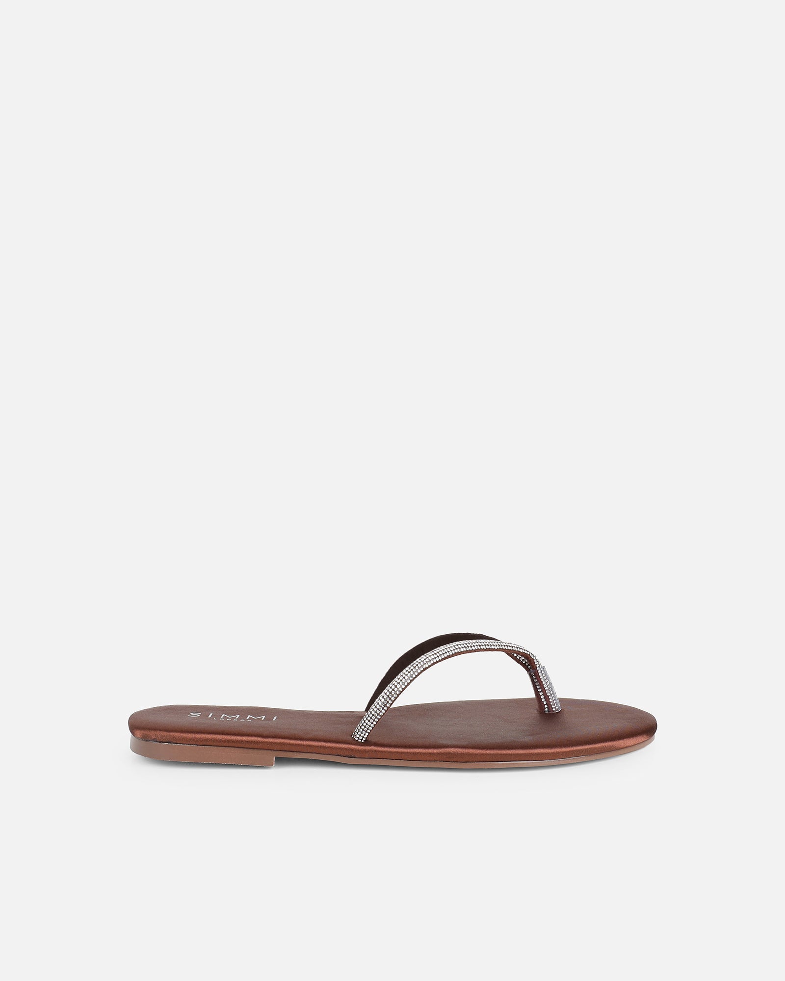 Simmi Chocolate Satin Diamante Toe Thong Sandals
