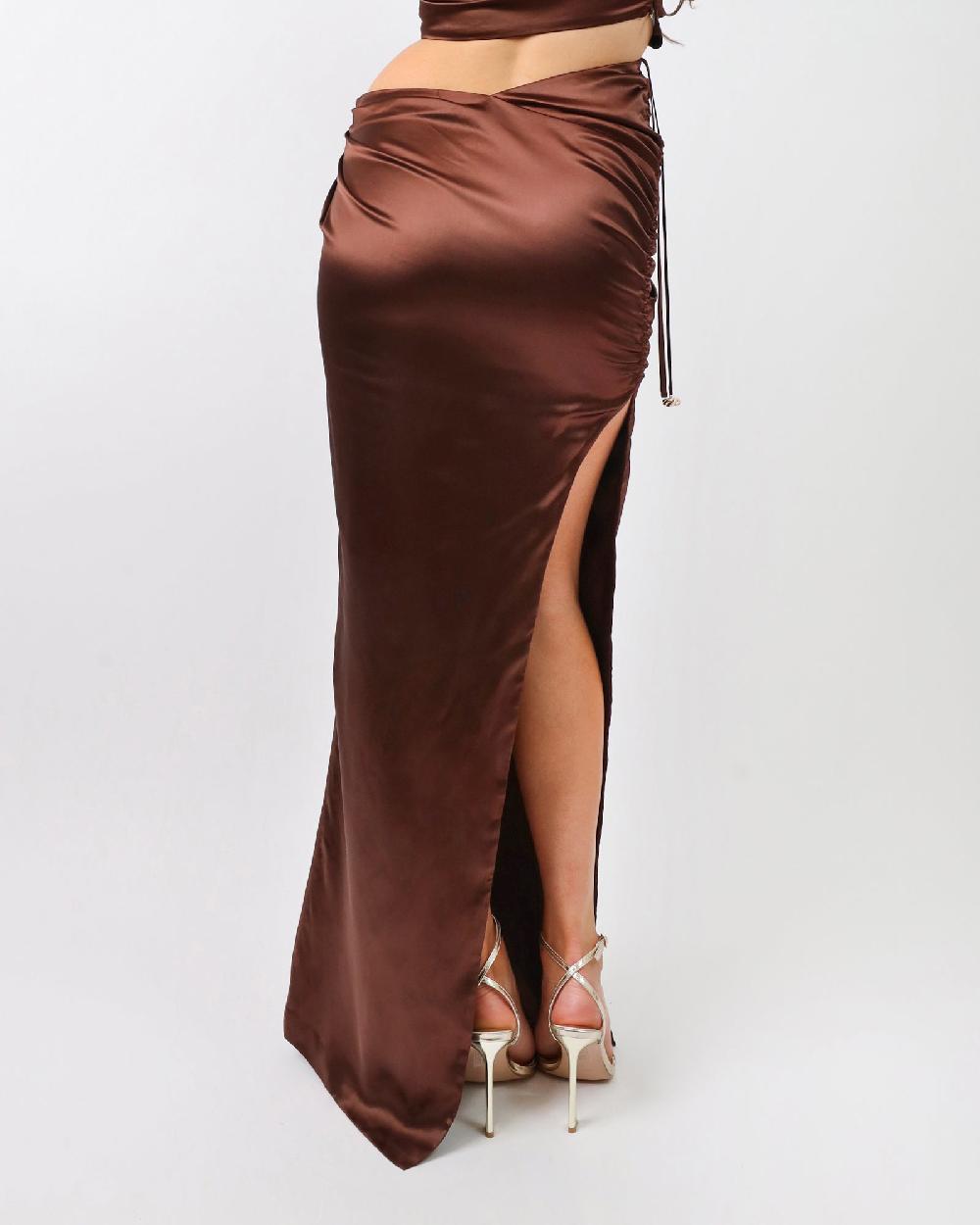 Simmi Chocolate Satin Drape Maxi Skirt